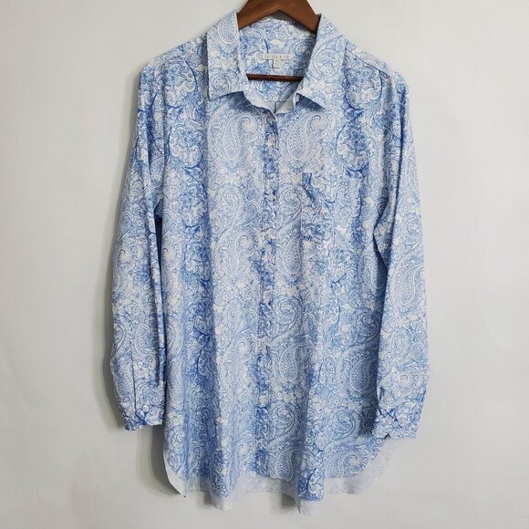 karissa & me Tops - Karissa & Me Blue White Floral Paisley Button Up Blouse Size XXL Modest Stretchy